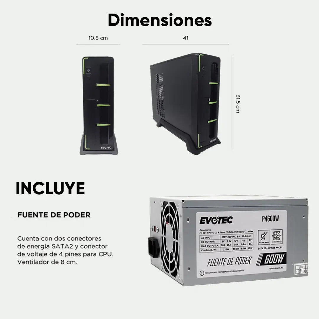 GABINETE NACEB EVOTEC ARUBA NEGRO/VERDE MATX 600W METAL C/N FUENTE EV-1010 1M DE GARANTIA