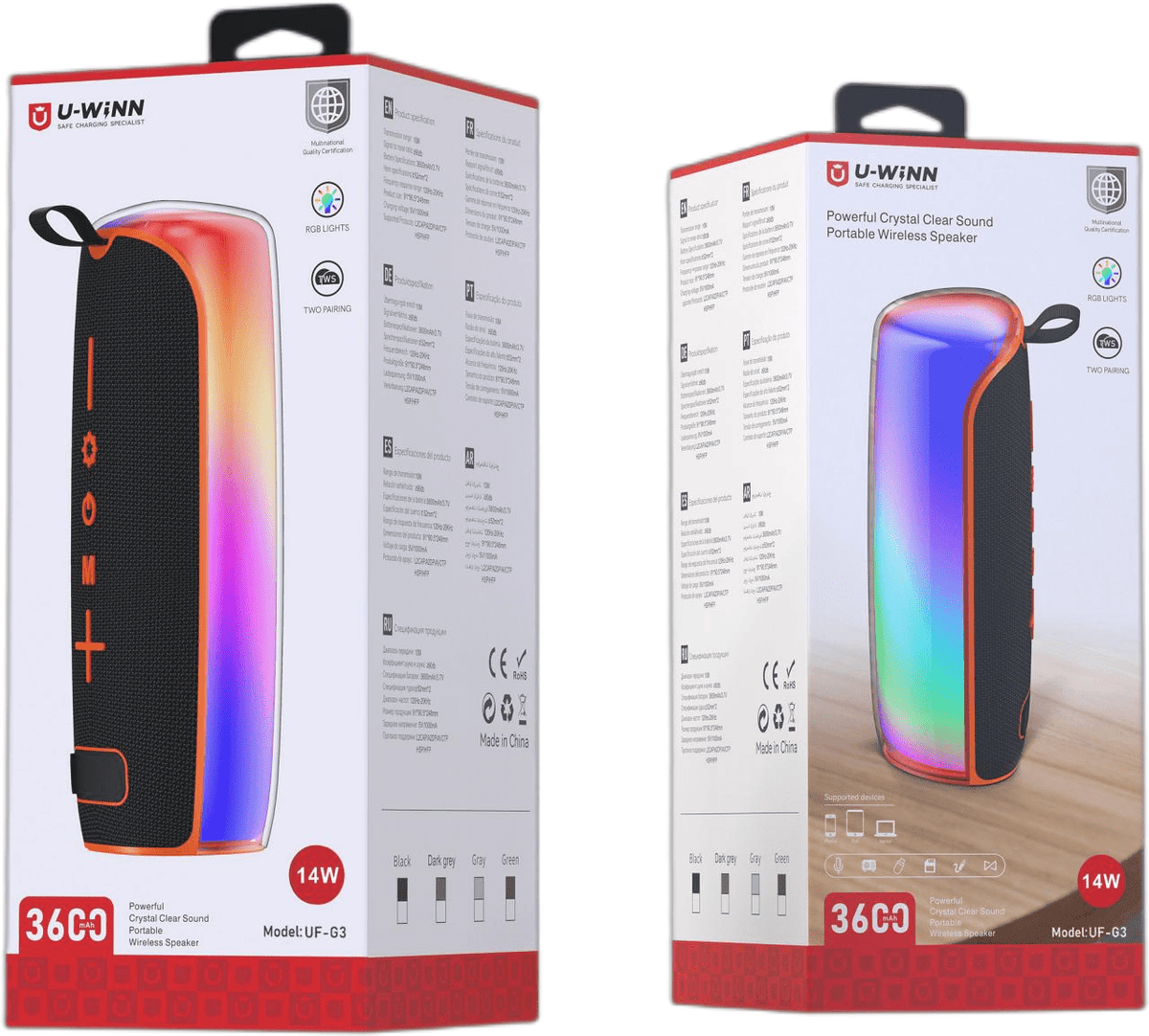 Audio | US - G3 | 3600mAh 14W | 5V | Bluetooth | No | Radio FM + TF + USB + LINE IN + TWS + luces LED | - | Negro - rogeek