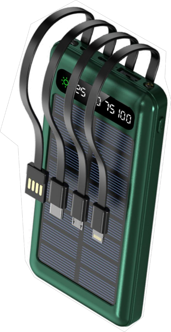 Power Bank | UF-D111 | 10000mAh 2A | V8/Type-C/2xUSB | 1xUSB | 3 cables V8/Type-C/IP | Solar + multiples cables | 50 | Blanco/Negro/Verde