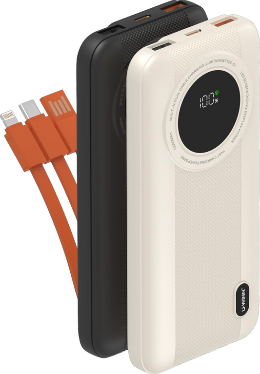 Power Bank | UF-D411 | 10000mAh PD22.5W | 1 puerto Type-C + 1 cable USB | 2xUSB + 1xType-C | 3 cables integrados | Pantalla digital real | 50 | Marfil/Negro