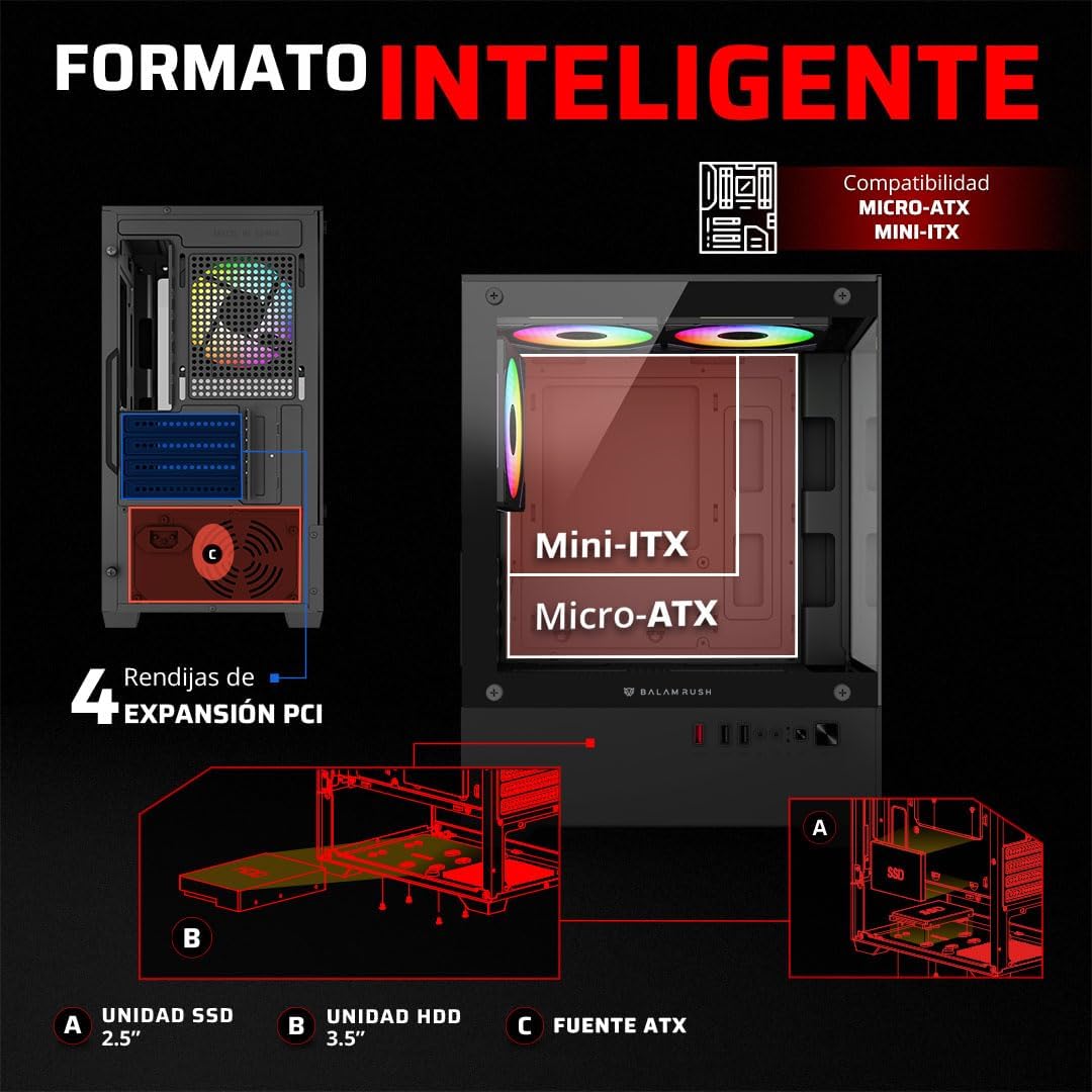 GABINETE BALAM RUSH NITROX GLOW CRYSTAL 4700C NEGRO M-ATX ARGB C/TEMPLADO S/FUENTE BR-943918 3M DE GARANTIA