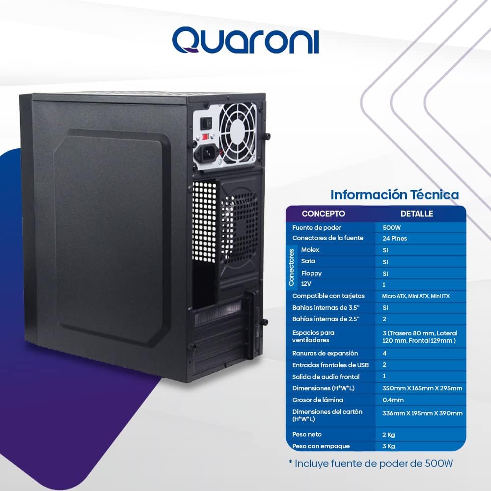 GABINETE QUARONI QCMT-05 NEGRO MATX 500W METAL 1M DE GARANTIA