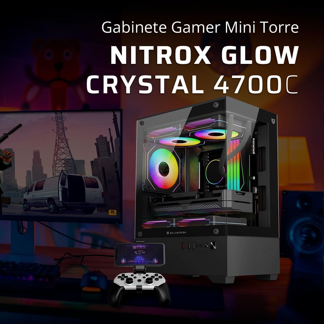 GABINETE BALAM RUSH NITROX GLOW CRYSTAL 4700C NEGRO M-ATX ARGB C/TEMPLADO S/FUENTE BR-943918 3M DE GARANTIA