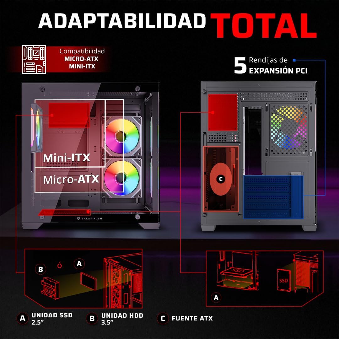 GABINETE BALAM RUSH TANK GLOW MAX 3900 NEGRO MATX RGB C/TEMPLADO S/FUENTE BR-943857 3M DE GARANTIA