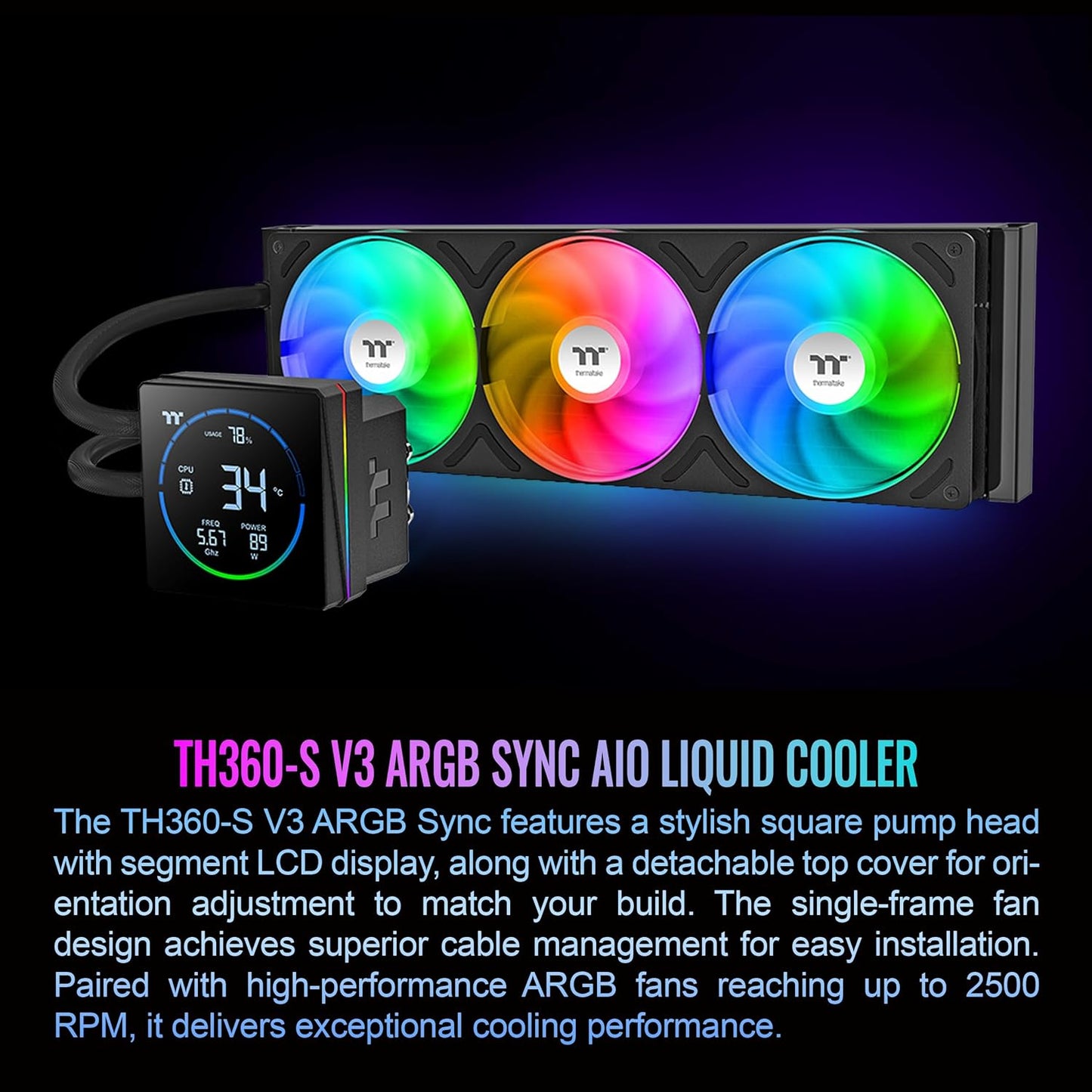 ENFRIAMIENTO LIQUIDO THERMALTAKE TH360-S V3 ARGB SYNC AIO 120MM DISPLAY LCD CL-W470-PL12SW-A 12M DE GARANTIA