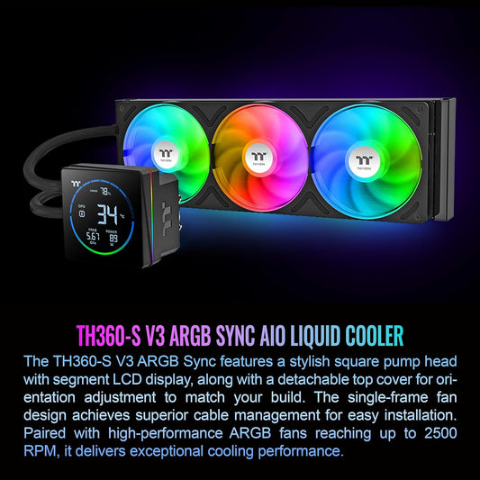 ENFRIAMIENTO LIQUIDO THERMALTAKE TH360-S V3 ARGB SYNC AIO 120MM DISPLAY LCD CL-W470-PL12SW-A 12M DE GARANTIA