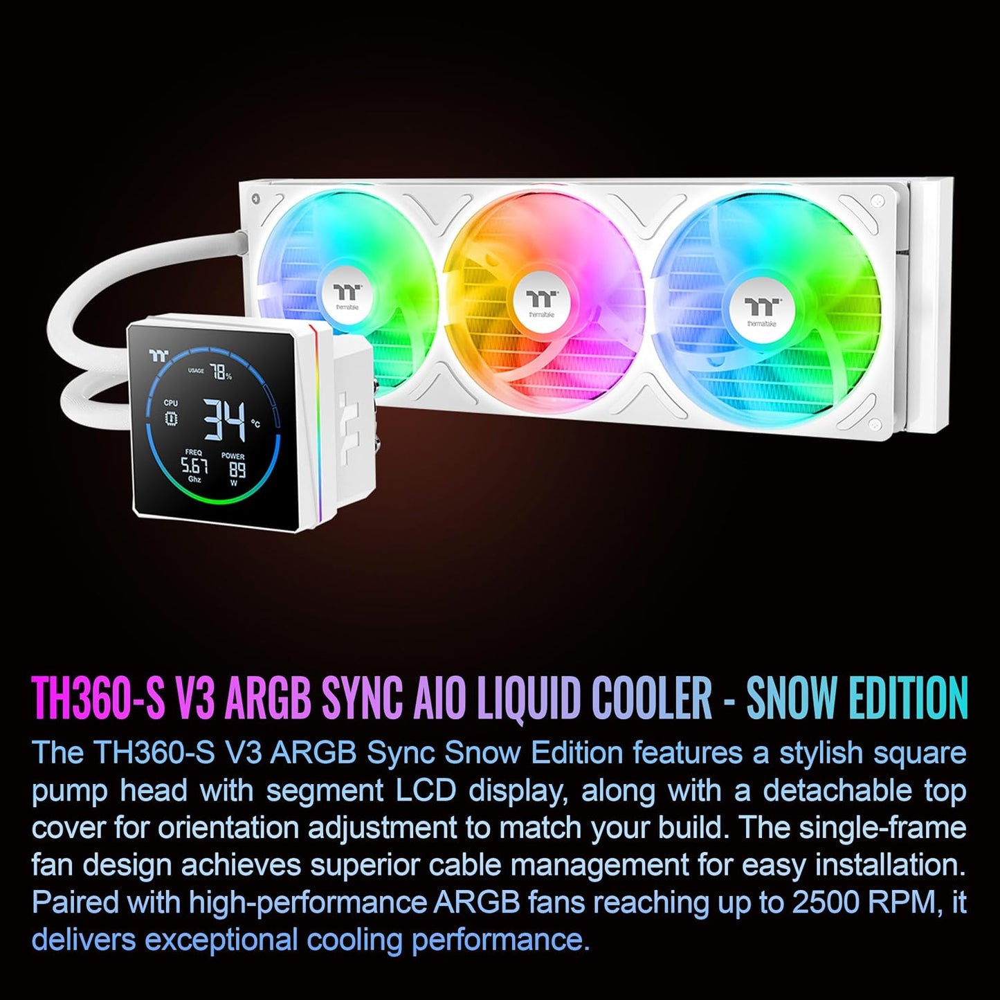 ENFRIAMIENTO LIQUIDO THERMALTAKE TH360-S V3 ARGB SYNC AIO SNOW 120MM DISPLAY LCD BLANCO CL-W472-PL12SW-A 12M DE GARANTIA