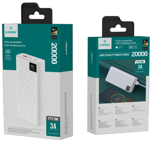 Power Bank | US-S72 | 20000mAh 22.5W | V8/Micro USB/Type-C | 1xUSB | Cable USB a Type-C | Pantalla LED | 50 | Blanco/Negro
