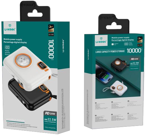 Power Bank | US-S85 | 10000mAh PD20W | Type-C | Type-C | Cable USB a Type-C | Linterna LED | 50 | Blanco/Negro