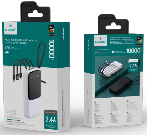 Power Bank | US-S66 | 10000mAh 2.4A | V8/2xUSB/Type-C | 1xUSB | 3 cables V8/Type-C/IP + cable USB a V8 | Linterna LED | 50 | Blanco/Negro