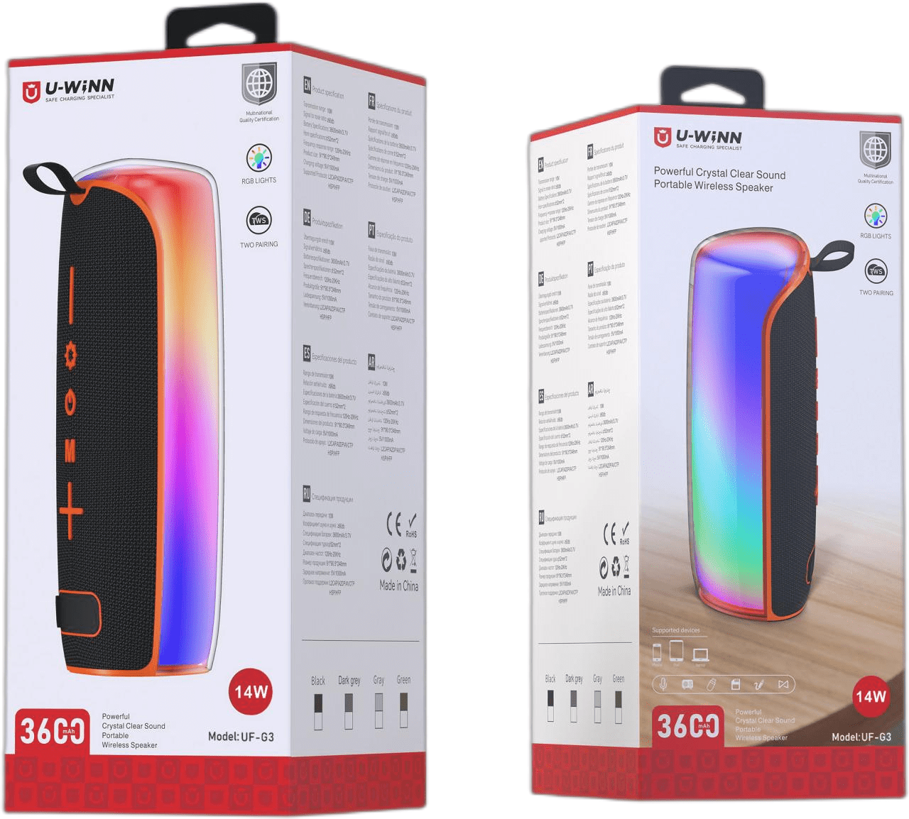 Audio | US - G3 | 3600mAh 14W | 5V | Bluetooth | No | Radio FM + TF + USB + LINE IN + TWS + luces LED | - | Negro - rogeek