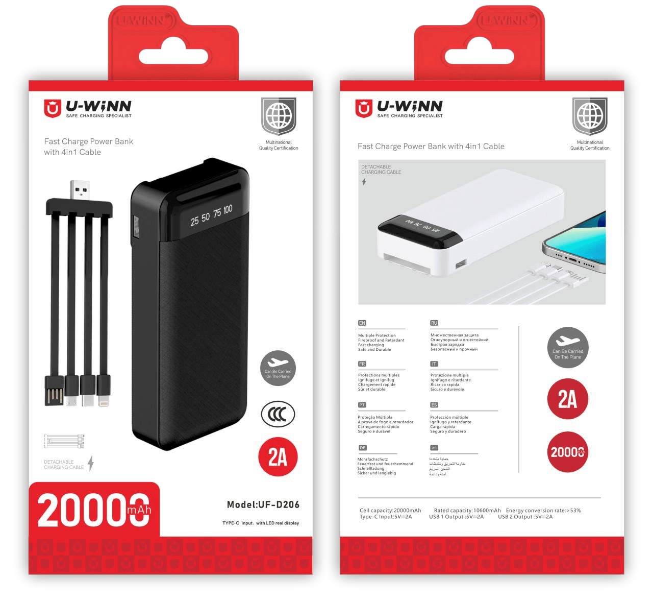 Power Bank | UF - D206 | 10000mAh 2A | Type - C | 1xUSB | 4 cables externos | LED indicadores 25/50/75/100 | 38 | Blanco/Negro - rogeek